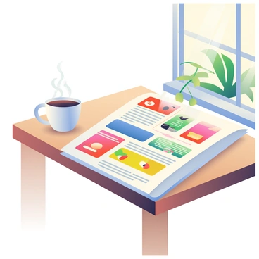 A well-designed newsletter is spread out neatly on a wooden coffee table, showcasing colorful sections and engaging graphics. The newsletter features a variety of articles with bold headings and eye-catching images. Beside it, there is a steaming cup of coffee in a white ceramic mug, with wisps of steam rising into the air. The coffee table has a smooth finish, and the sunlight filters through a nearby window, casting soft shadows on the surface. A small plant with green leaves is situated in the corner of the table, adding a touch of life to the scene.