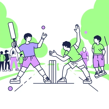 Two siblings are engaged in a fierce competition in a lively street cricket game. The older sibling is batting, swinging a wooden cricket bat with determination. He is wearing a blue t-shirt and shorts, with a focused expression on his face. The younger sibling is bowling, poised to deliver the ball, wearing a green t-shirt and cargo shorts. They are surrounded by a group of friends who are cheering them on, adding to the energetic atmosphere. The street is lined with trees, and the sun casts playful shadows on the ground. Nearby, a cricket ball lies on the pavement, ready for the next play. The sibling’s playful banter can be imagined as they engage in friendly trash talk.