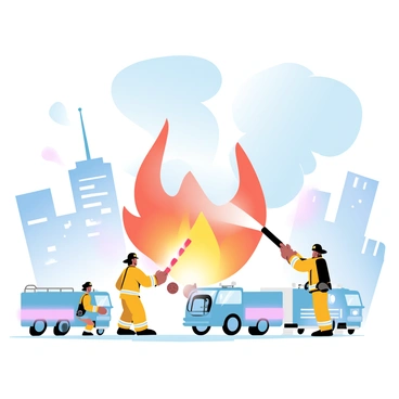 A group of firefighters in bright yellow uniforms is actively working to extinguish a large fire in a cityscape. The firefighters are using hoses to spray water onto the flames, which are rising high and emitting thick smoke. In the background, a modern city with tall buildings is partially visible, with some windows reflecting the fire's glow. Fire trucks are parked nearby, with flashing lights illuminated, and an orange glow fills the scene from the flames in the foreground. A large cloud of smoke billows into the sky, creating a dramatic atmosphere.