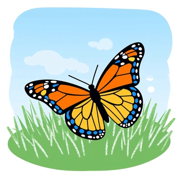A vibrant butterfly with colorful wings, resting delicately on frosted grass blades. The grass is covered in a light layer of glistening frost, reflecting the morning sunlight. The scene showcases a clear blue sky above, with a few wispy clouds scattered. The butterfly's wings display intricate patterns in bright shades of orange and blue. The chilly morning air creates small visible breath puffs as the butterfly sits still among the shimmering grass.