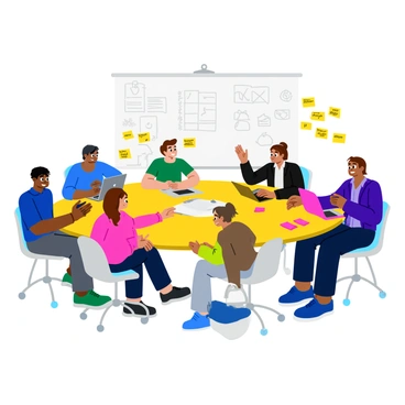 A team of diverse colleagues sitting around a large round table. Each person is engaged in discussion, with expressions of concentration and enthusiasm. The table is filled with colorful illustrated sticky notes in various shapes and sizes. Some sticky notes are yellow, pink, and green, each featuring doodles and short phrases. A few laptops are open on the table, and a large notepad with scribbled ideas is placed in the center. Behind them, a whiteboard filled with charts and diagrams adds a creative atmosphere to the setting.