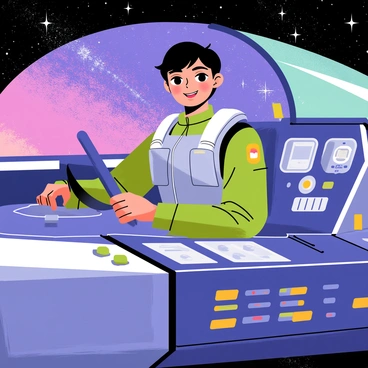 A mercenary pilot with short, dark hair and a confident expression is seated in a cockpit adorned with various controls and screens. The ship is a sleek, futuristic design, painted in shades of silver and deep blue. Outside the cockpit window, a vibrant nebula swirls with colors of purple, pink, and teal. Cosmic dust particles sparkle and float through the scene, adding depth and texture. The pilot is focused, hands gripping the control stick, as the ship maneuvers skillfully through the dazzling celestial landscape.