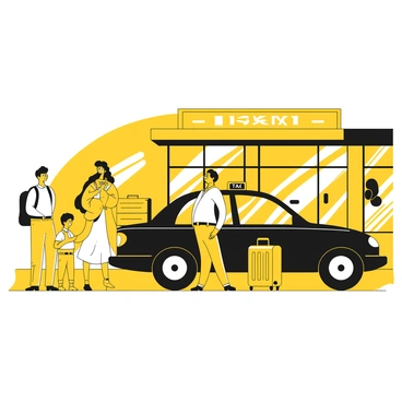 A family unloading suitcases from a taxi at the airport terminal