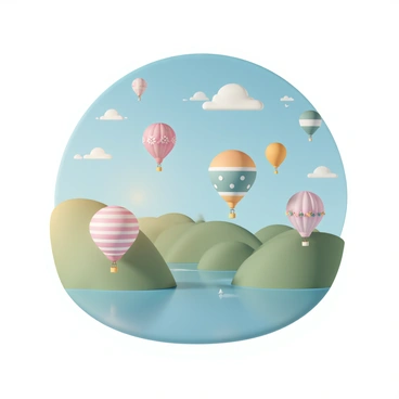 A vibrant sky filled with hot air balloons of various colors and patterns, including stripes, polka dots, and floral designs. The balloons are gently floating above a scenic landscape featuring rolling green hills and a serene lake reflecting the sky. Wispy clouds are scattered across the blue backdrop, and a few birds can be seen flying in the distance. The sunlight casts a warm glow on the scene, illuminating the colorful balloons and enhancing the beauty of the landscape below.