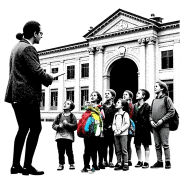 A vintage teacher with round glasses and a tweed jacket is standing at the front, holding a clipboard and looking back at the group of children. The children, wearing colorful backpacks and uniforms, are gathered closely behind her, displaying a variety of expressions such as excitement and curiosity. The scene is set in an outdoor space in front of a large museum building, which features grand architecture. The teacher is gesturing towards the entrance, while the children are looking up with wide eyes and smiles.