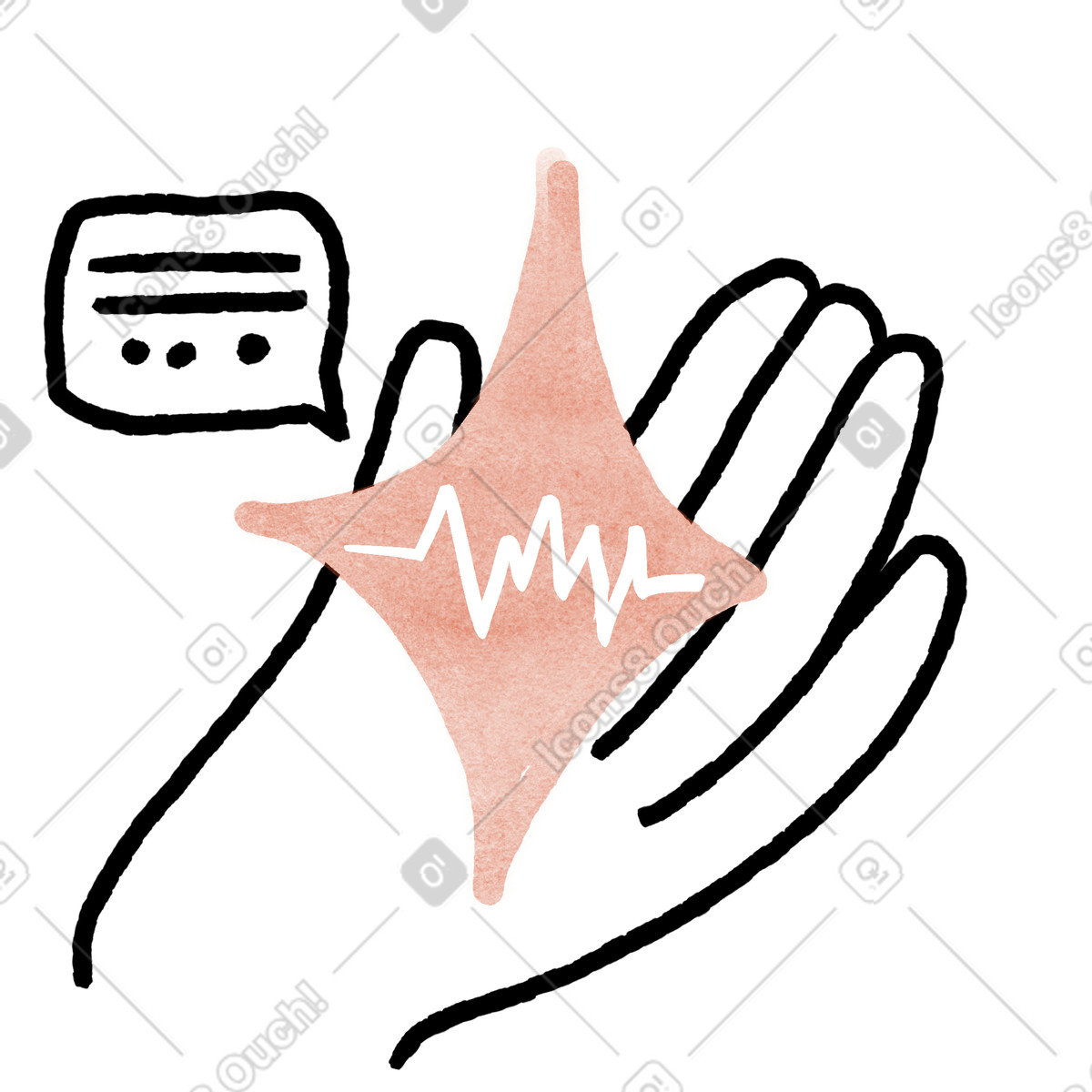 Anthropic Claude Drawn スタイルの Assistant voice waveform floating above open hand and speech bubble のイラストをPNG、SVG形式でダウンロード