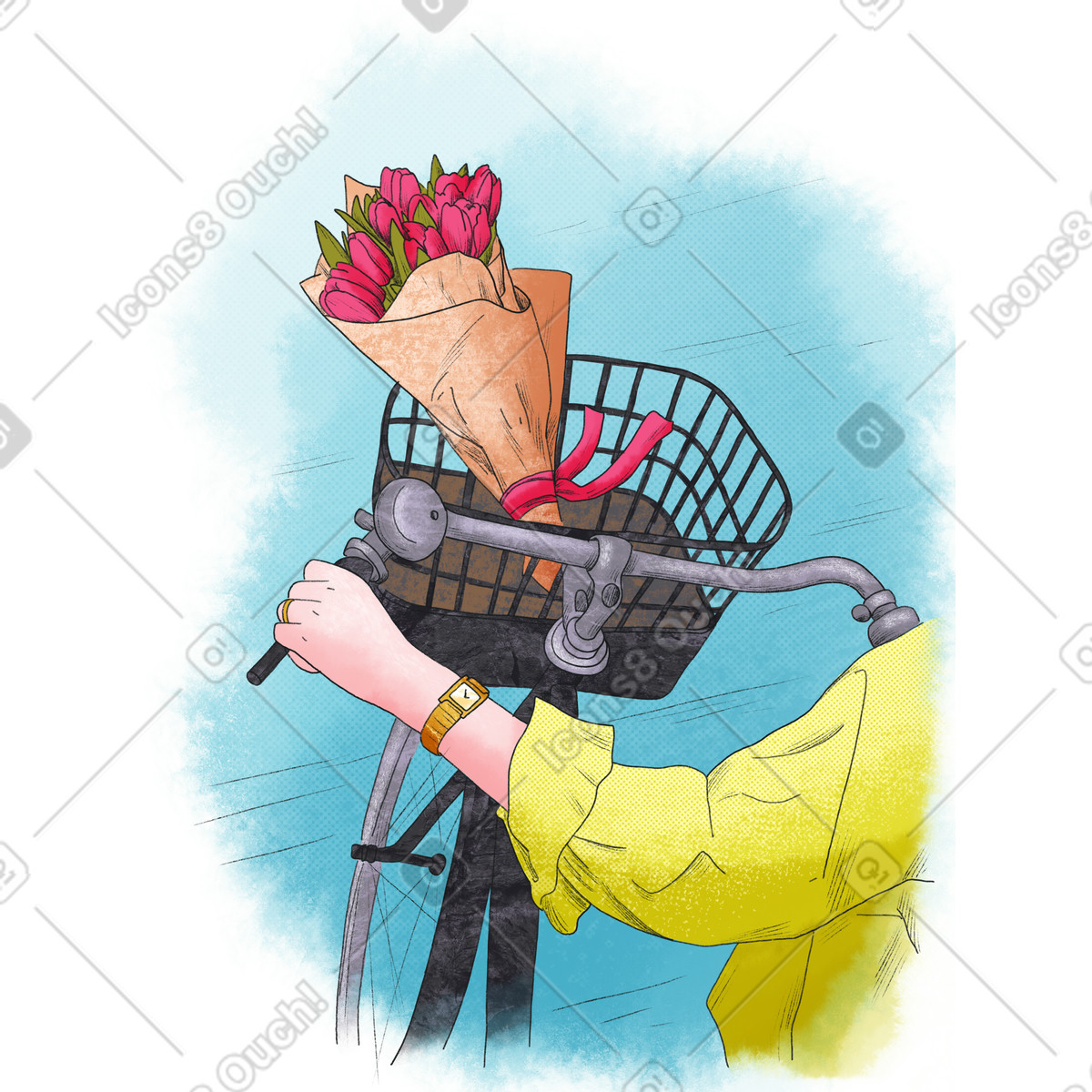 Bike ride with a bouquet of flowers-Illustration im Moments-Stil als Download in PNG, SVG