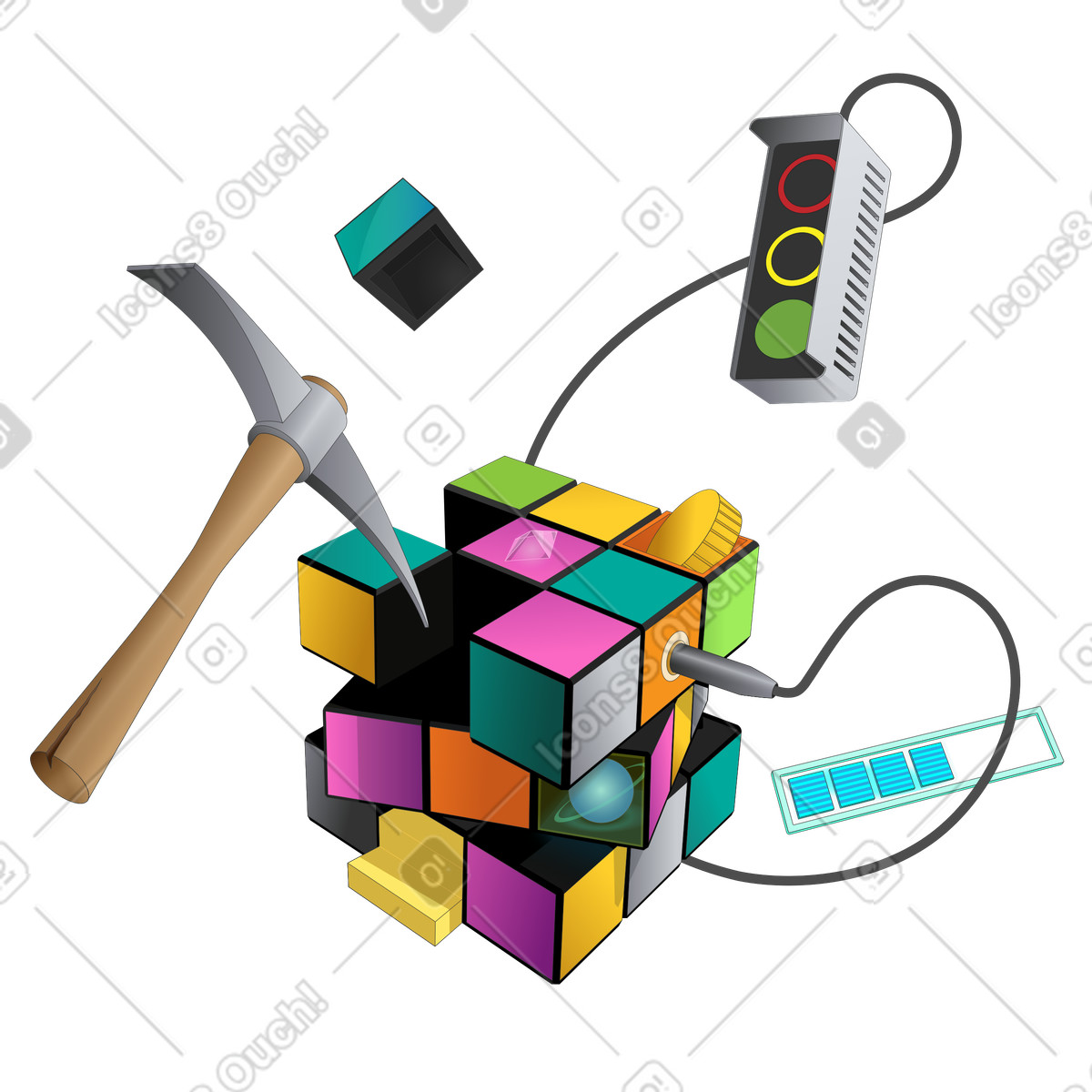 Concetto di mining criptovaluta con puzzle e piccone illustrazione in stile Kit scarica in PNG, SVG