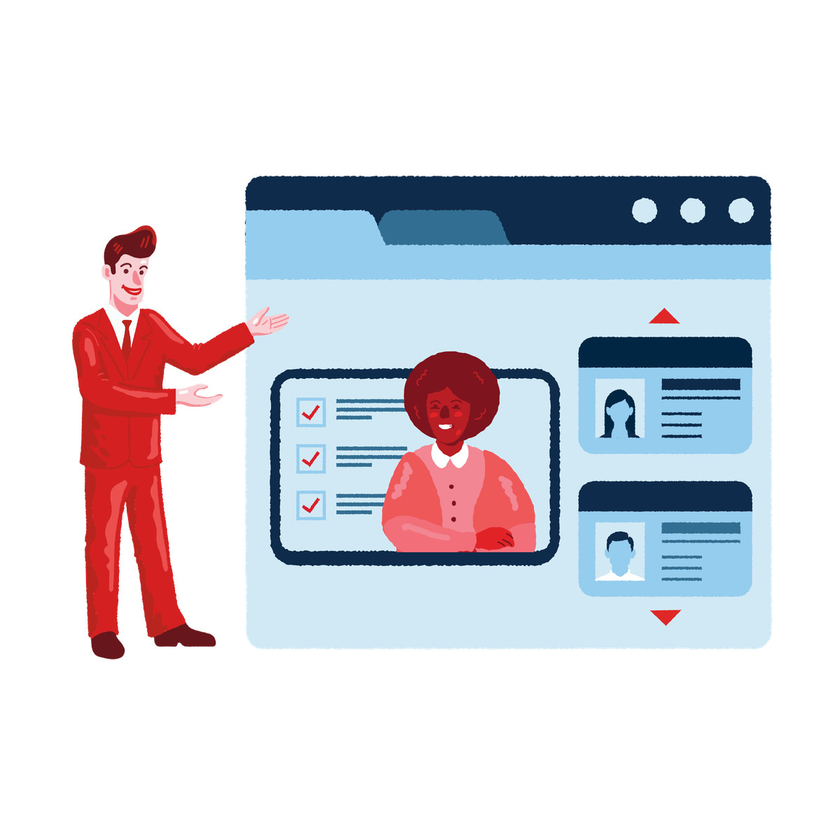 Man recruiter showing candidates in the browser window illustration in PNG, SVG