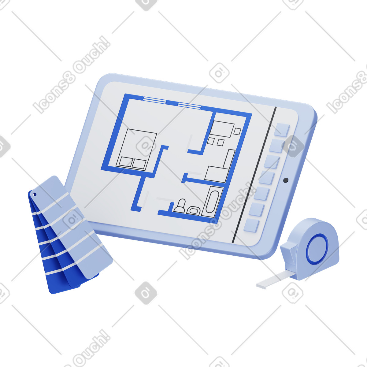 Ilustración animada Disposición de apartamento en tableta digital, visualización bienes raíces y renovación viviendas estilo 3D Techny a descargar GIF, Lottie (JSON), AE