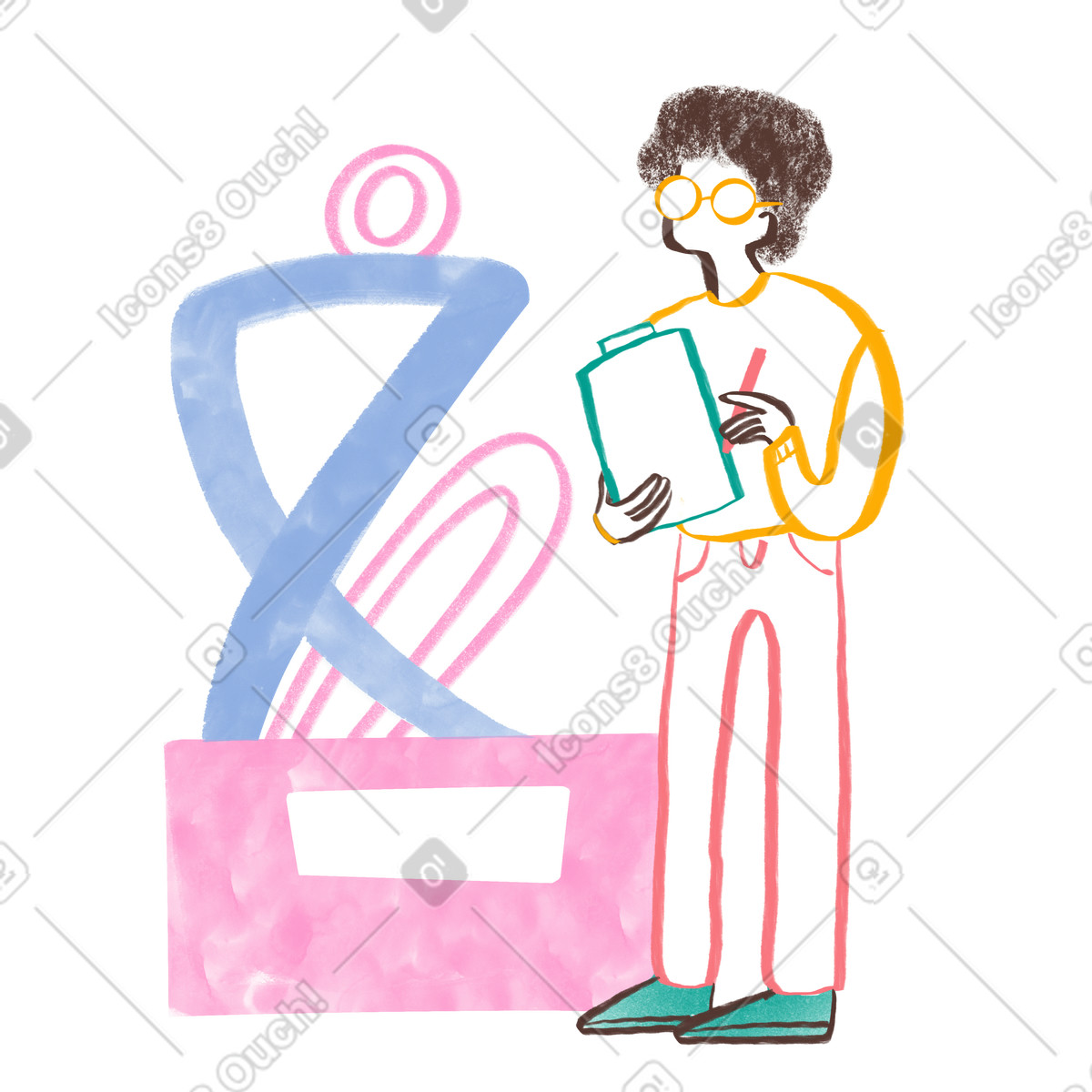 Illustration Étudiant en art regardant une statue abstraite dans le style Company à télécharger aux formats PNG, SVG