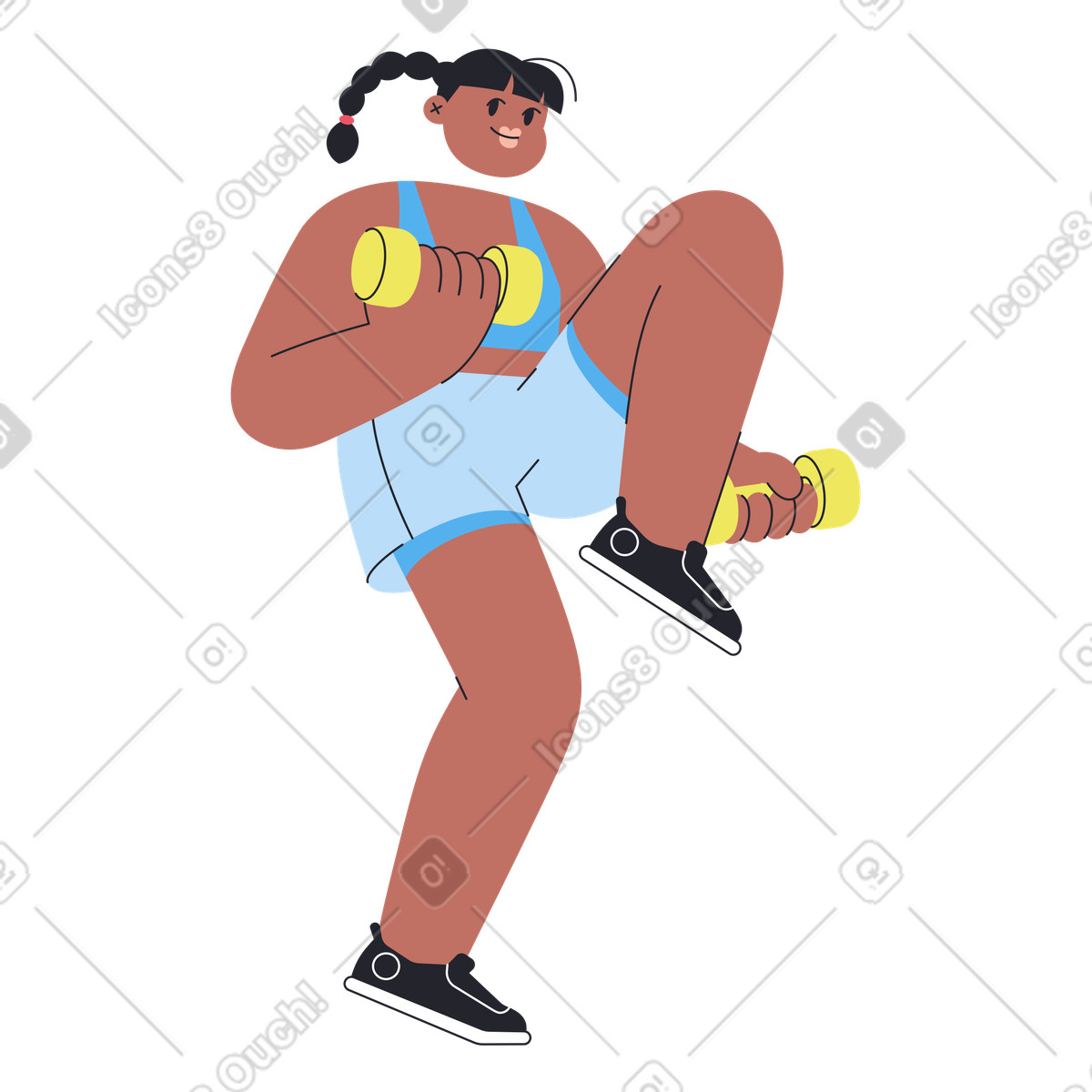 Boba スタイルの Athlete lifting dumbbell and raising knee, full body fitness movement のイラストをPNG、SVG形式でダウンロード