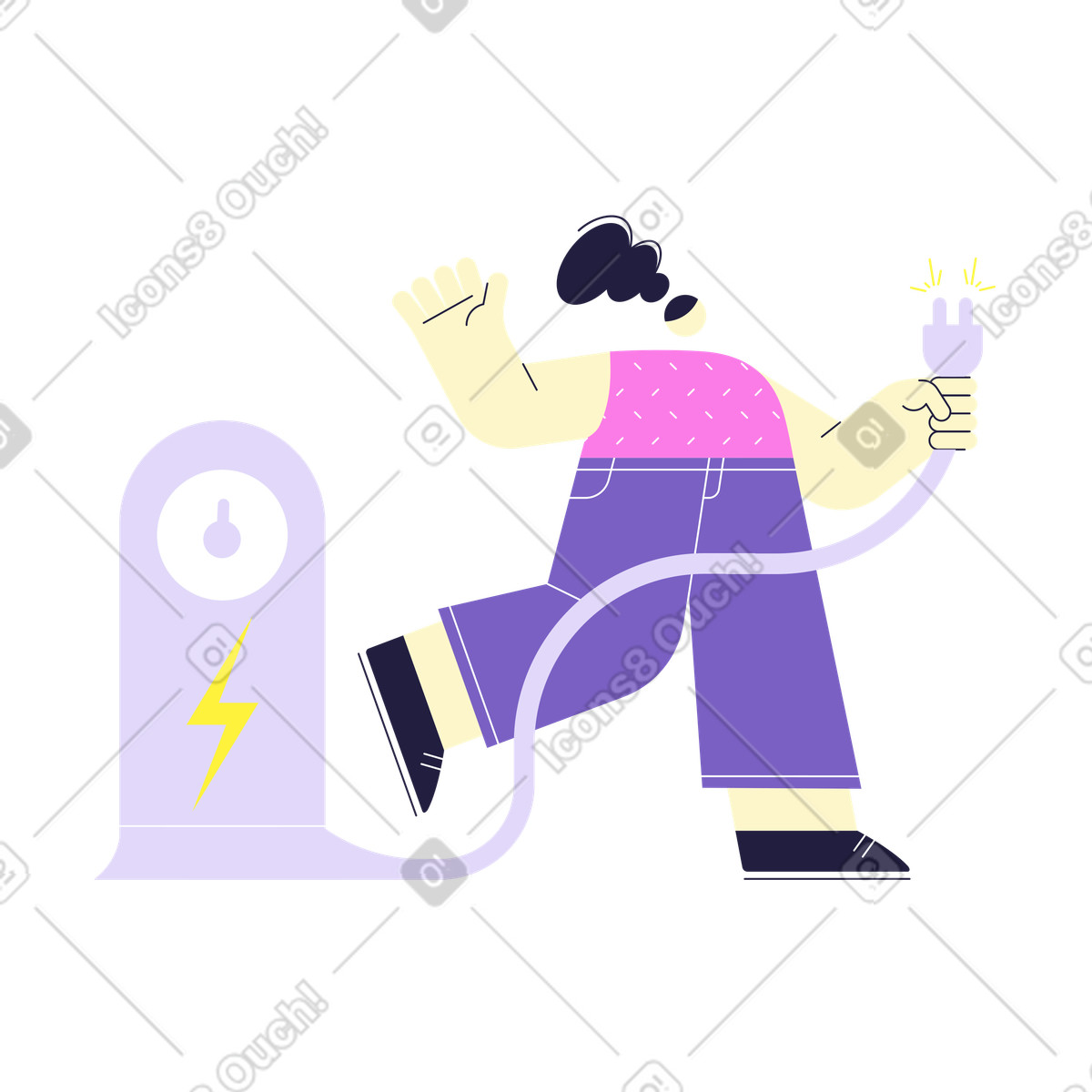Frau hält einen stecker aus einem kraftwerk-Illustration im Mellow-Stil als Download in PNG, SVG