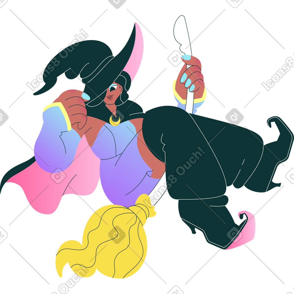 Hexe fliegt auf besen-Illustration im Florid-Stil als Download in PNG, SVG