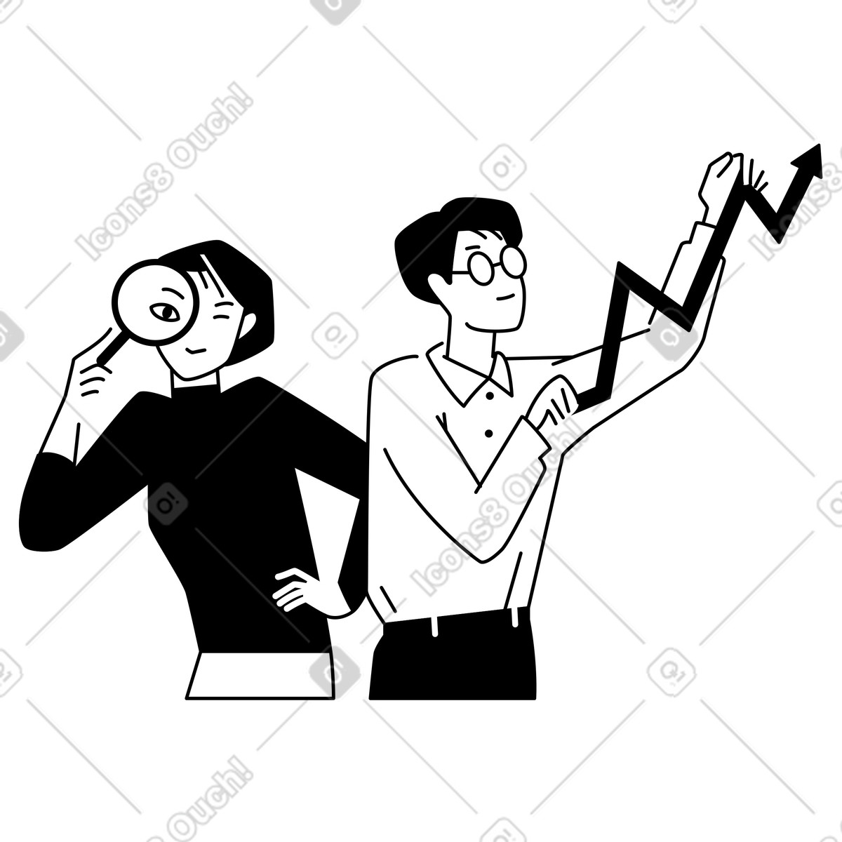 Ilustración Coworkers reviewing statistics and searching details, Business analysis insights en estilo Weekday a descargar en PNG y SVG