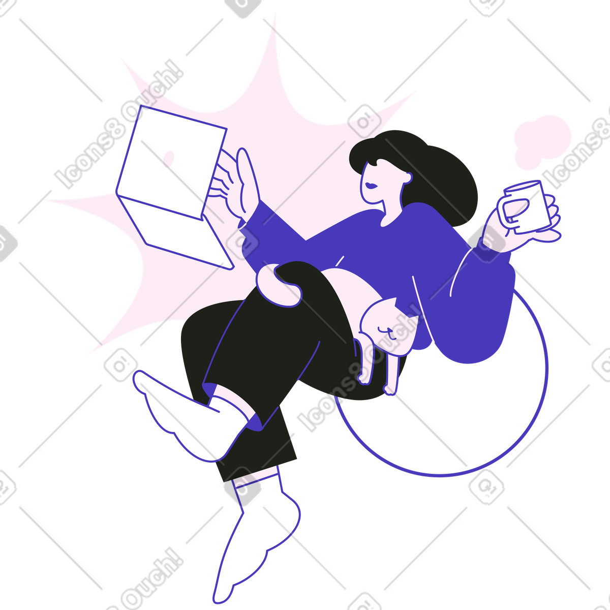 Remote worker with coffee and companion cat, flexible work from home illustration in Blueberry style download in PNG, SVG
