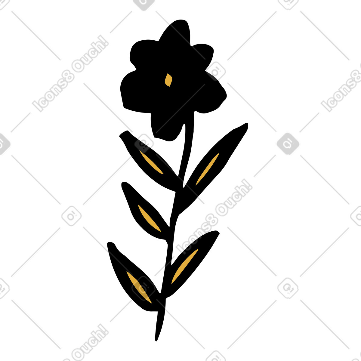 Black flower with yellow leaves illustrazione in stile Scandi scarica in PNG, SVG