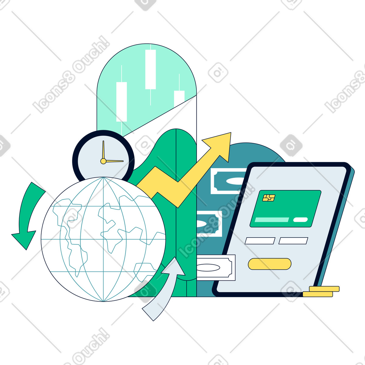Mercato finanziario globale e servizi bancari personali illustrazione in stile Teal scarica in PNG, SVG