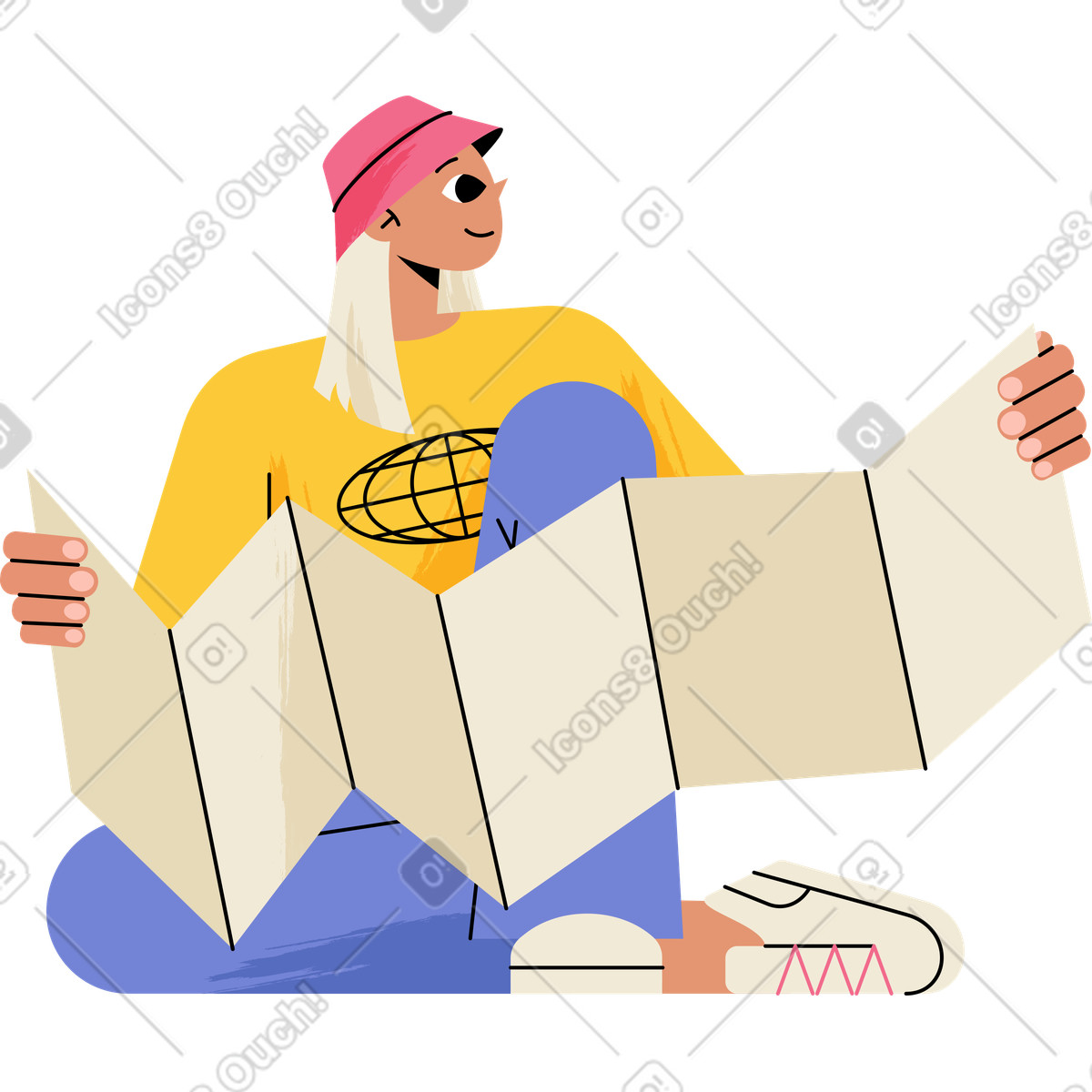下载 Juicy 风格的 坐着研究地图的女孩 插画，支持 PNG、SVG 格式