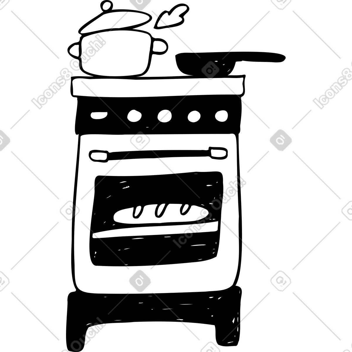 Illustration Cuisinière et four avec marmite bouillante, poêle pain dans le style Marks à télécharger aux formats PNG, SVG