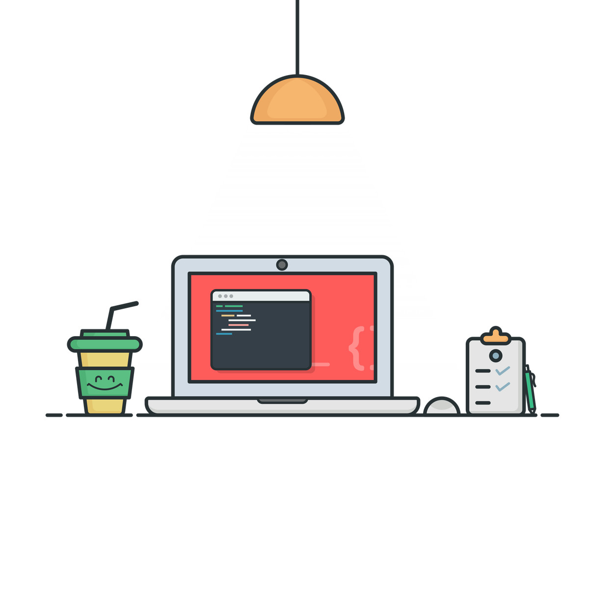 Ilustración Coding workspace with laptop and drink, Focused remote work environment en estilo Gummy a descargar en PNG y SVG