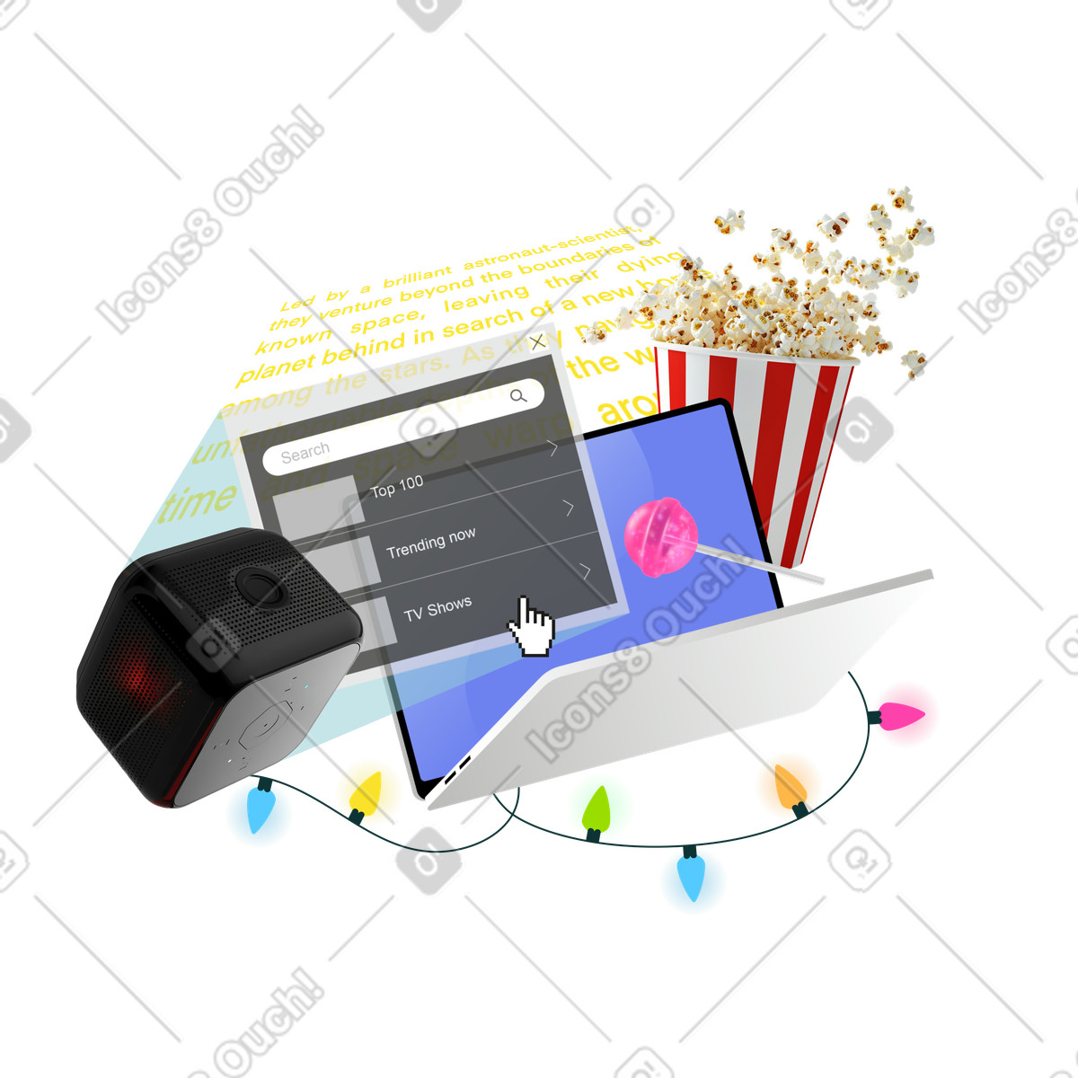 Watching a movie using projector-Illustration im Jumble-Stil als Download in PNG, SVG