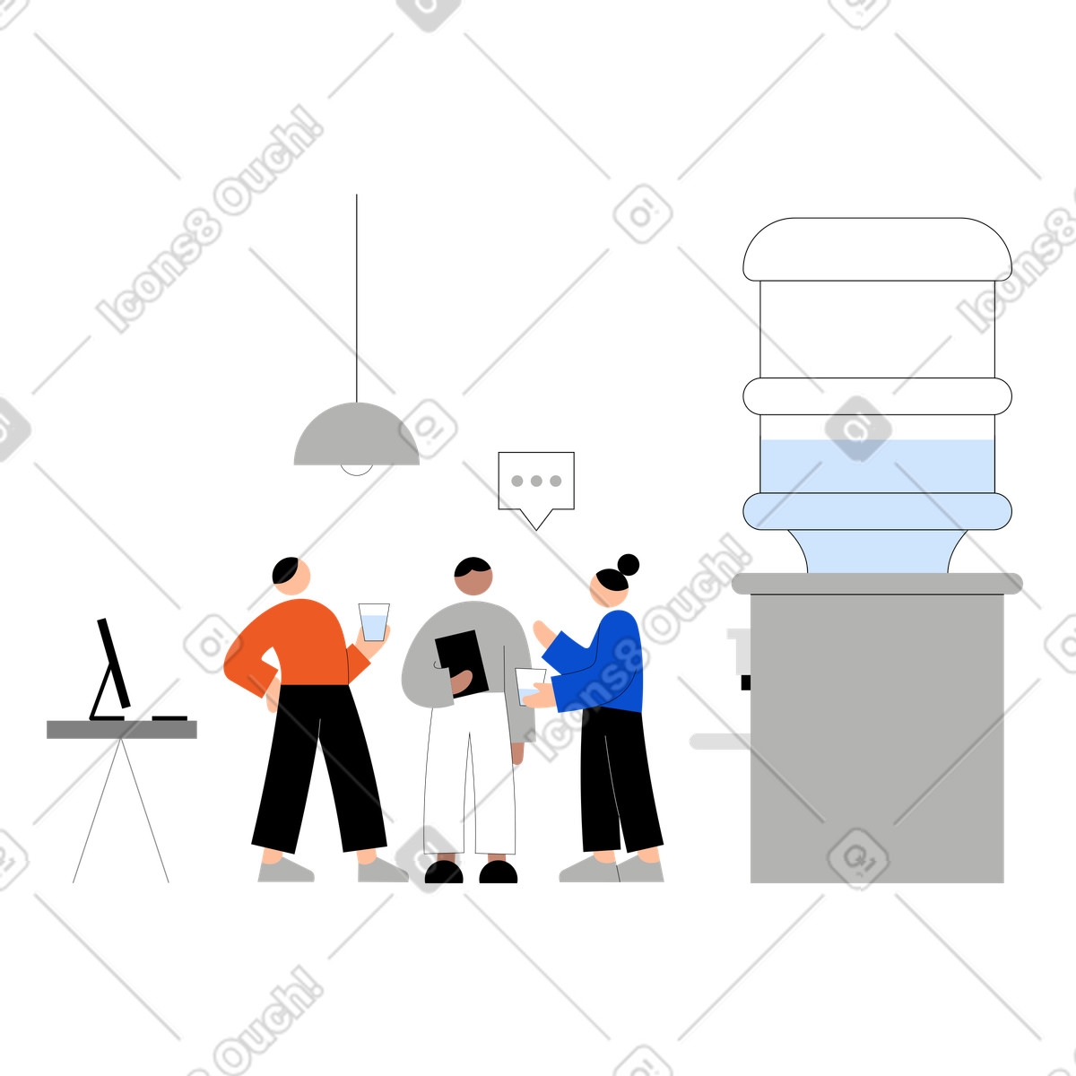 Illustration Les gens parlent près de la glacière au bureau dans le style Tiny à télécharger aux formats PNG, SVG