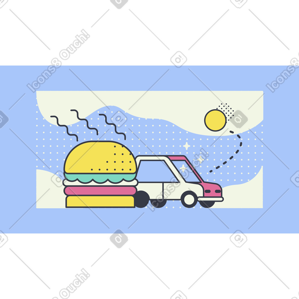 Illustration Livraison de repas avec burger fumant dans le style Abstract à télécharger aux formats PNG, SVG