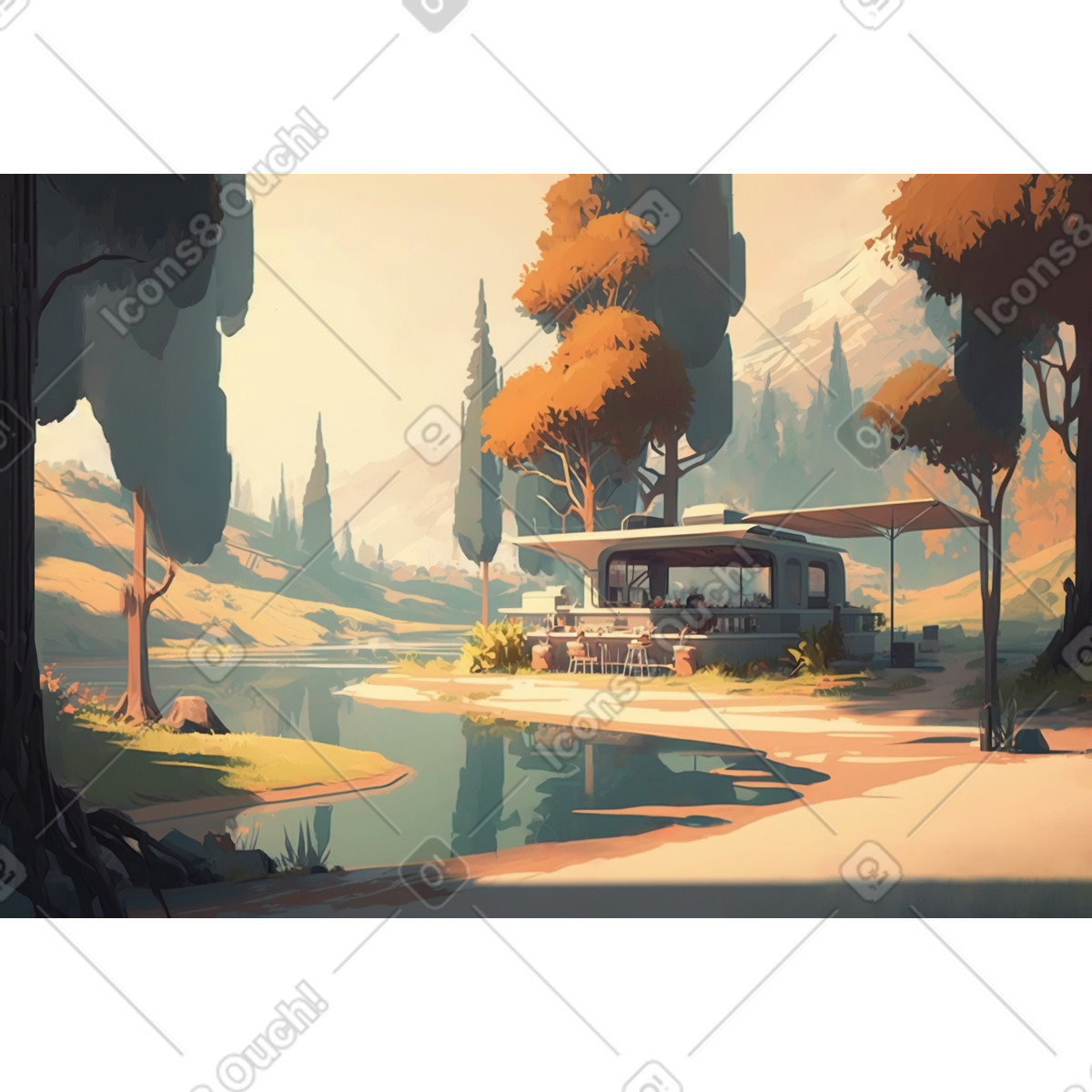 Summer outdoor cafe in the park background illustration Experimental style download PNG, SVG