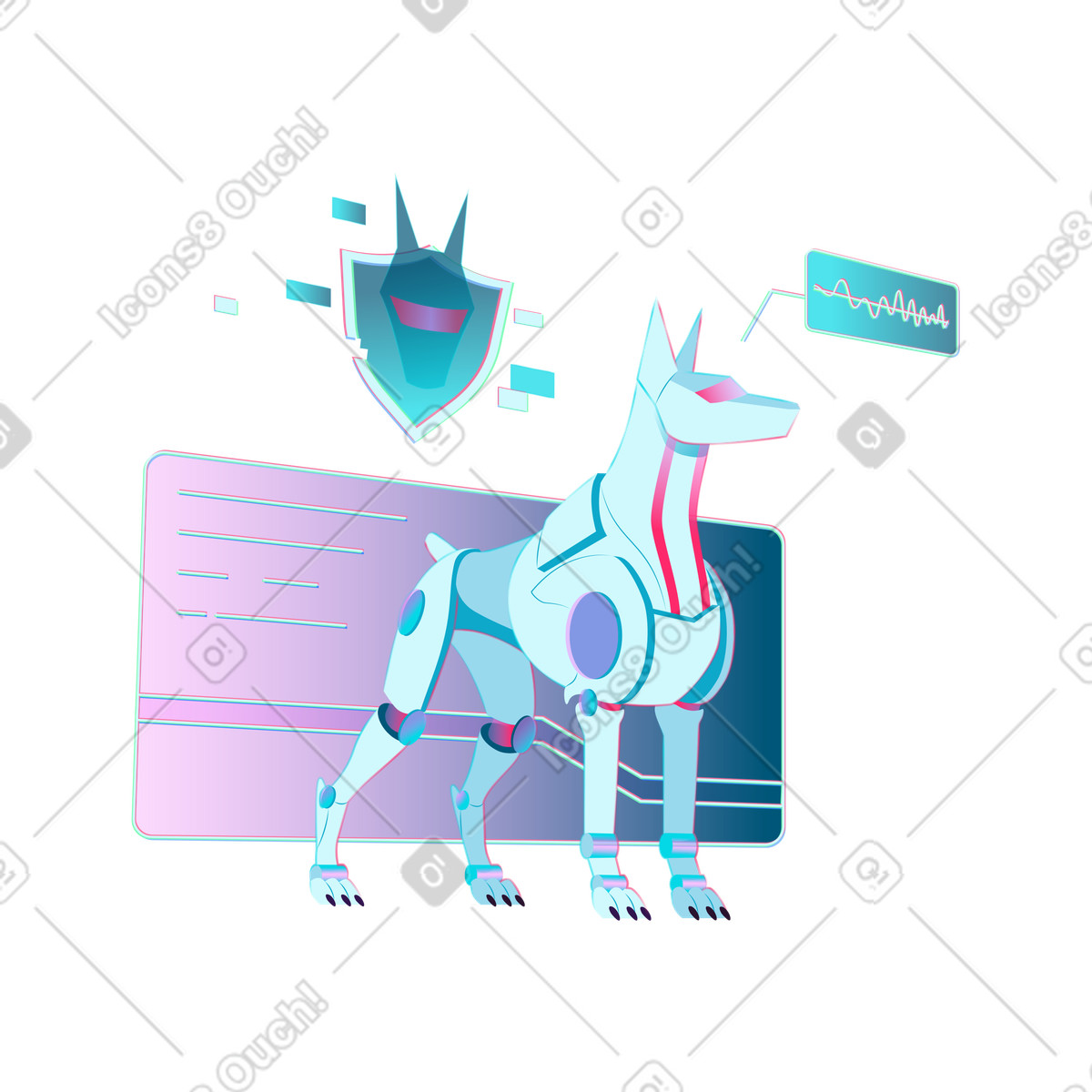 Cyber dog monitoring signals, Intelligent system security illustration in Neon style download in PNG, SVG