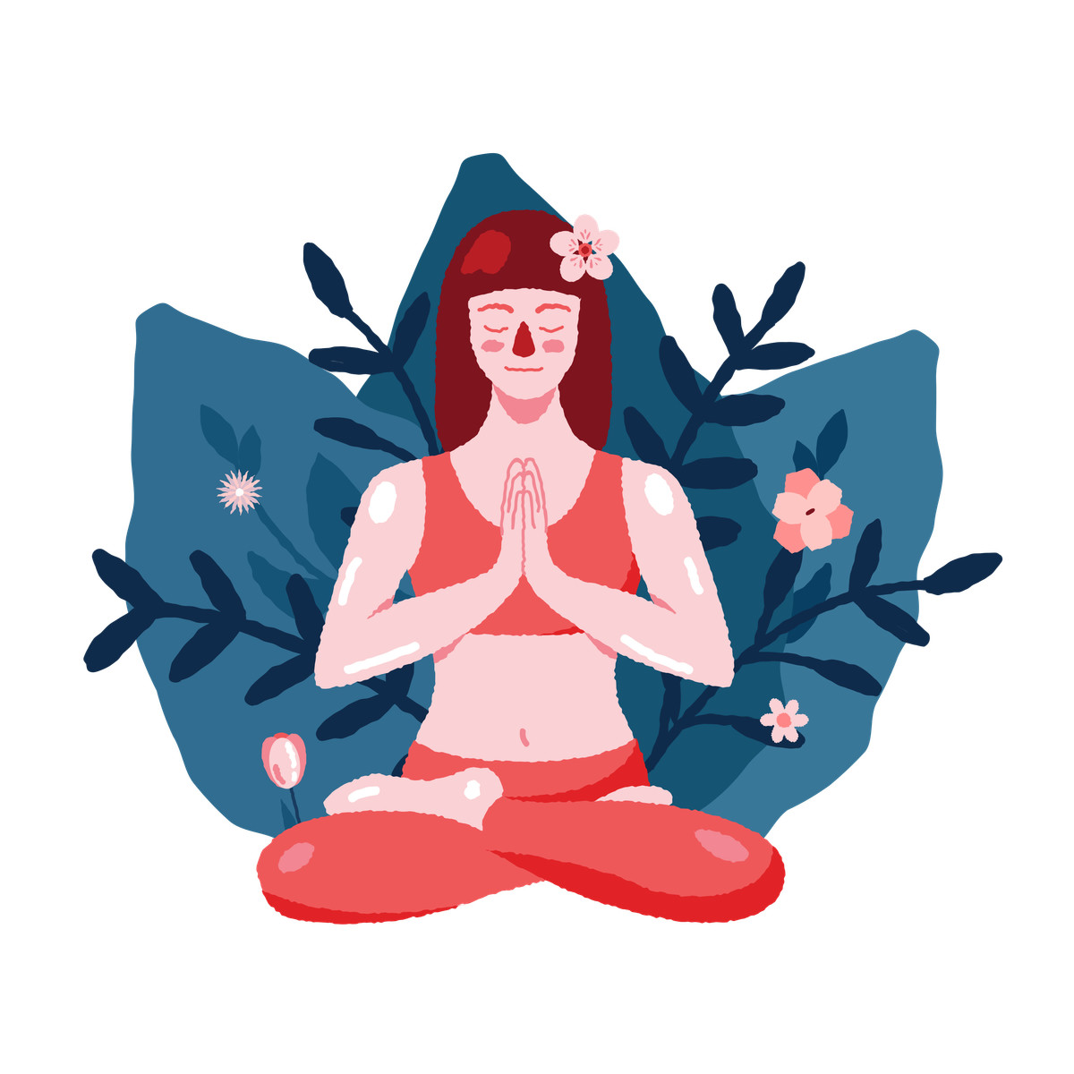 Woman meditating with folded hands to chest illustration in Cherry style download in PNG, SVG