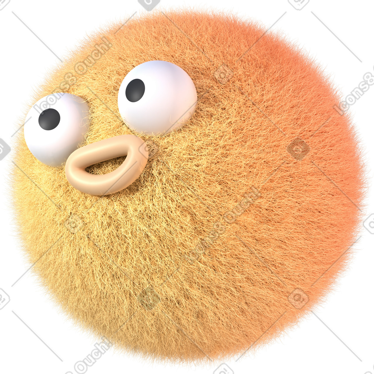 Illustration Boule pelucheuse orange avec de grands yeux et un doux sourire dans le style 3D Glassy à télécharger aux formats PNG, SVG
