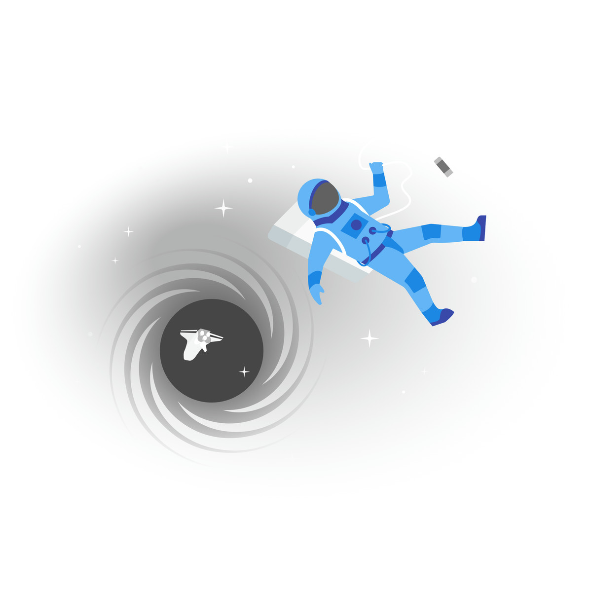 下载 Fogg 风格的 Lost astronaut floating toward black hole, Critical failure or fatal error 插画，支持 PNG、SVG 格式