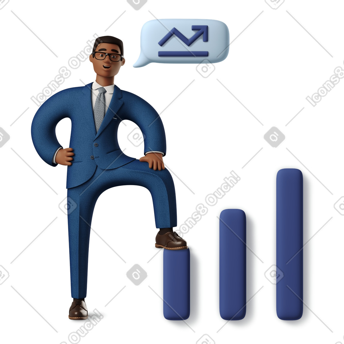 Successful businessman standing near growing bar chart illustration in 3D Business style download in PNG, SVG