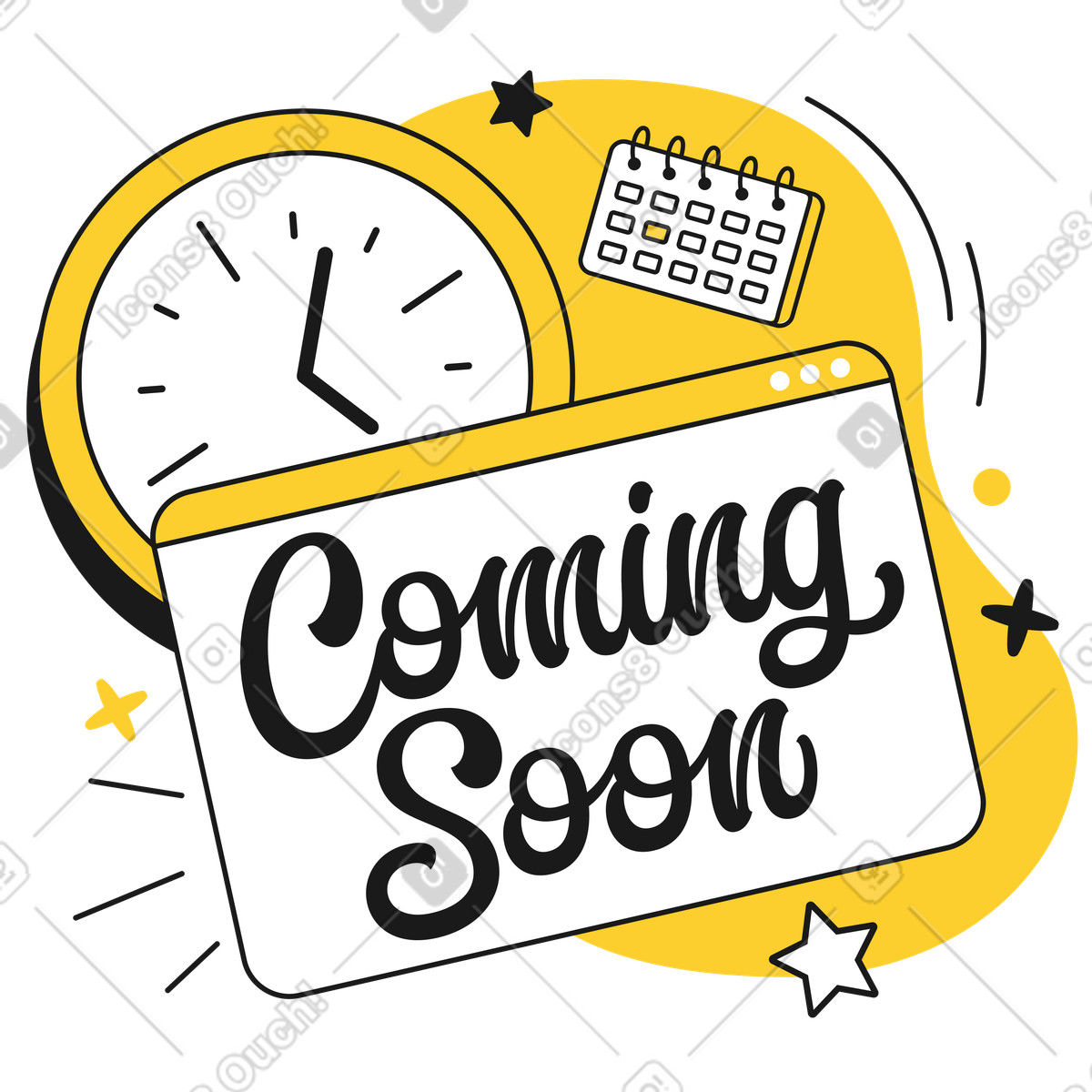 Иллюстрация Coming Soon text in browser with a clock and calendar в стиле Taxi — скачать в форматах PNG, SVG