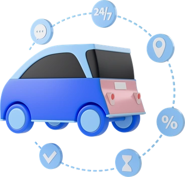 A car surrounded by business icons - 3D Editorial style illustration