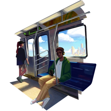 A man sitting on a subway train - Lush style illustration