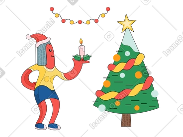 Woman near christmas tree having christmas mood PNG, SVG