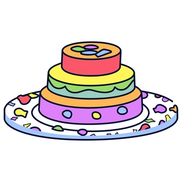 A layered cake with multiple tiers, each covered in smooth frosting displaying the colors of the color wheel: red, orange, yellow, green, blue, and purple. The cake has a glossy finish that reflects light. It is placed on a round white cake stand. Surrounding the cake is a festive tablecloth adorned with colorful patterns, and there are small decorations such as balloons and confetti scattered across the table.