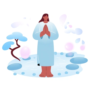 A person is in the "namaste" pose, standing with hands clasped together in front of their chest. The individual is dressed in a flowing robe that blends harmoniously with the surroundings. The background features a serene Japanese zen garden, showcasing meticulously raked gravel patterns and neatly arranged stones. Delicate bonsai trees stand nearby, adding to the tranquility of the scene. Soft, gradient pastel colors gently illuminate the garden, enhancing the peaceful atmosphere. A few elegant lanterns made of stone are scattered throughout the garden, contributing to the serene setting.