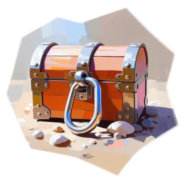 A close-up view of a shiny metal carabiner with a distinctive built-in lock, prominently featured as it secures a weathered wooden treasure chest. The carabiner is attached to one of the chest's sturdy metal handles, showcasing intricate details of its design. The treasure chest is adorned with ornate carvings and aged, rusty hinges, hinting at secrets within. The surrounding environment includes a sandy surface scattered with small pebbles and sea shells, enhancing the adventurous theme of treasure hunting. Sunlight casts soft shadows, highlighting the textures of both the carabiner and the chest.