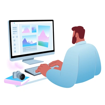 Illustration of a person focused on editing photos on a large computer screen