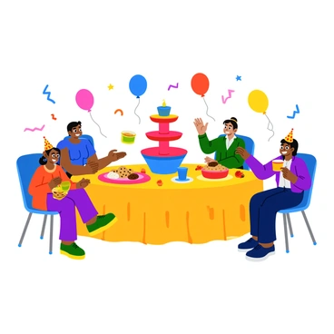 A cheerful family celebration featuring a colorful punch fountain in the center of a festive table. The table is adorned with a bright, patterned tablecloth and is surrounded by happy family members of various ages. Various snacks and treats are displayed on the table, including a large plate of cookies and a bowl of fruit. Colorful paper cups are positioned around the punch fountain, which is bubbling with vibrant fruit punch. Balloons in shades of red, blue, and yellow float above the scene, adding to the joyful atmosphere.