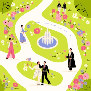 A royal garden featuring an array of colorful blooming flowers in various shapes and sizes, including roses, tulips, and daisies. In the center of the garden, there is a grand ornate fountain with water gracefully splashing from the top. Nobles dressed in elegant attire are strolling along the winding paths, enjoying the scenery. Some nobles are holding parasols, while others are engaged in conversation, adding to the lively atmosphere of the garden. Lush greenery surrounds the pathways, enhancing the beauty of the landscaped design.