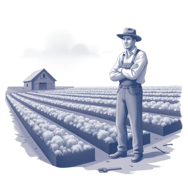 A family farm landscape is depicted with rows of wilted and dead crops scattered across the field. The soil appears dark and cracked, indicating clear signs of deterioration. In the foreground, a farmer stands with a worried expression, wearing a worn hat and work clothes. The farmer's hands are clenched, and their posture conveys concern for the state of the land. In the background, a dilapidated barn can be seen under a cloudy sky, enhancing the atmosphere of distress. A few scattered tools lie abandoned on the ground, further emphasizing the neglect of the once-thriving farm.