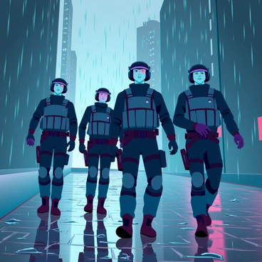 A group of scout regiment soldiers dressed in dark, tactical gear is moving stealthily through a rain-soaked city street. The ground is covered in puddles reflecting the dim streetlights above. Each soldier is equipped with advanced technology and weapons, demonstrating their readiness for impending challenges. Rain is falling heavily, creating small splashes as it hits the cobblestone road. The buildings lining the street are tall and shadowy, with wet surfaces glistening under the pale light. The atmosphere is tense, as the soldiers communicate silently, their expressions focused and determined.