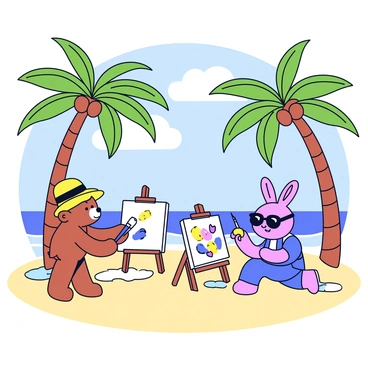 A sandy tropical beach with gentle waves lapping at the shore. Underneath tall, green palm trees, two cartoon characters are painting on large canvases. One character is a cheerful bear wearing a sun hat, holding a paintbrush, while the other is a lively rabbit with oversized glasses, mixing colors on a palette. The palm trees provide a dappled shade over their easels. Brightly colored paint splatters can be seen on the ground around them. In the background, the sky is clear with a few fluffy clouds.
