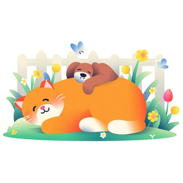 A fluffy orange tabby cat and a small brown dog are cuddling together in a sunny garden. The cat is lying on its side, with its eyes half-closed, while the dog is resting its head on the cat's back. Around them, vibrant green grass is dotted with colorful flowers, including yellow daisies and red tulips. A few butterflies are fluttering nearby, adding to the cheerful atmosphere. The sunlight casts soft shadows on the ground, and a wooden fence can be seen in the background, enclosing the peaceful garden.