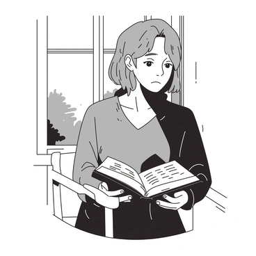 A person with a pensive expression is sitting alone on a wooden chair by a window. The light from the window casts soft shadows on their face. They are holding an open Bible in their hands, with pages gently fluttering in the breeze. Outside the window, there are hints of greenery and soft sunlight filtering through. The person is wearing a cozy sweater, and their gaze is directed thoughtfully toward the open pages of the Bible.