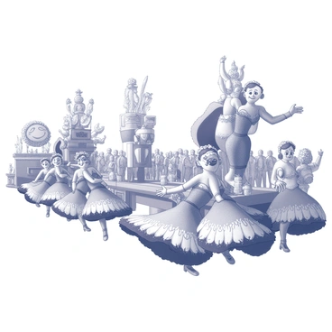A vibrant parade scene featuring large, elaborate floats decorated with intricate designs. Each float is adorned with various symbols and themes, showcasing flowers and festive motifs. Performers in eye-catching costumes filled with ruffles and embellishments express joy as they dance alongside the floats. Their outfits have large feathers or sequins and display a variety of patterned details. Crowds of spectators can be seen in the background, enjoying the spectacle with smiles and excitement. The atmosphere is lively and festive with the performers and floats creating a dynamic display.